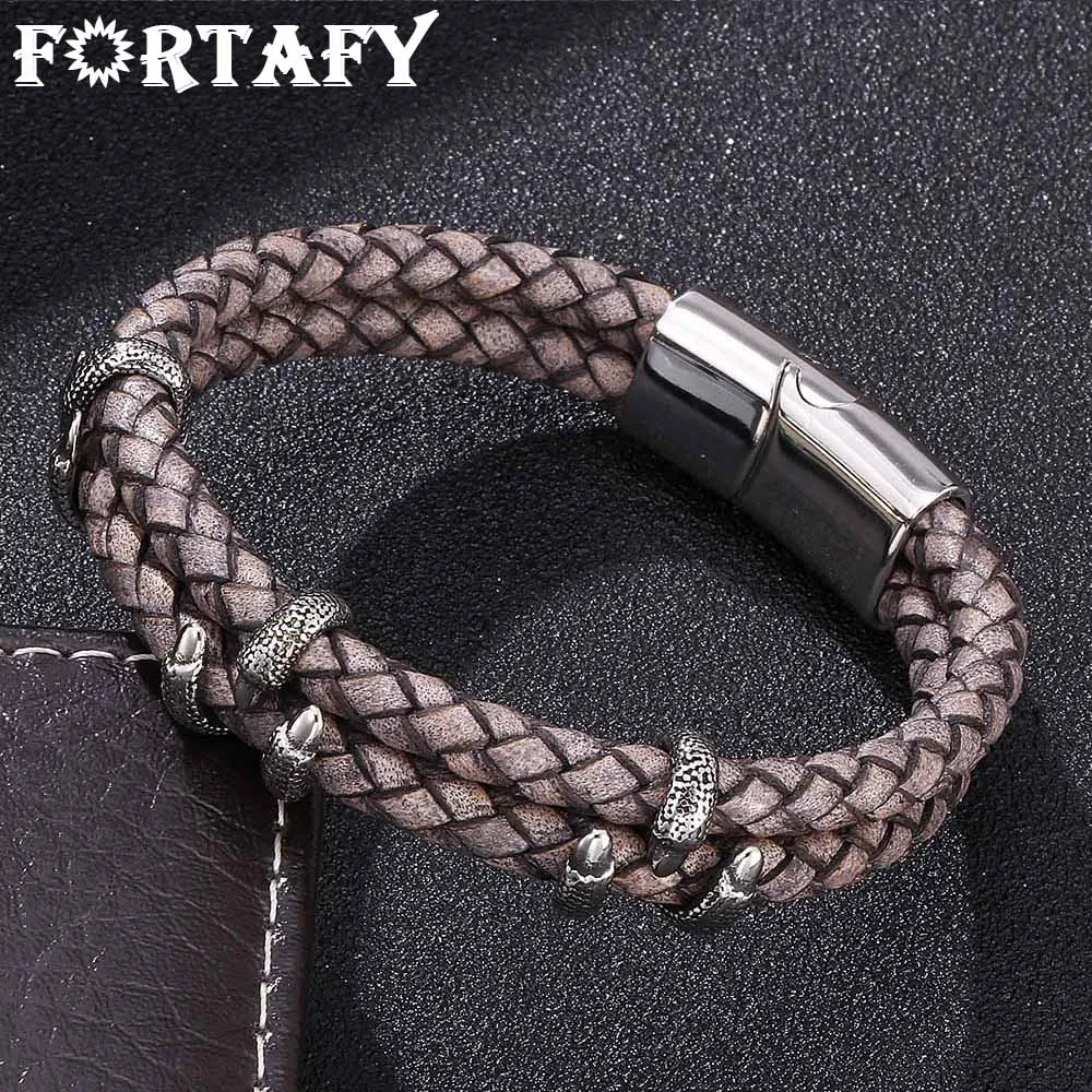 

FORTAFY Vintage Jewelry Men Antique Gray Double Braided Leather Bracelet Retro Stainless Steel Magnetic Buckle Bangles FR0249G