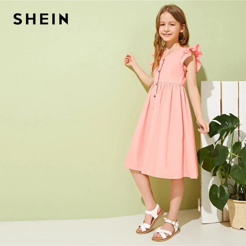 SHEIN/милое однотонное платье с v-образным вырезом и рюшами на пуговицах спереди для девочек-подростков; коллекция года; летние платья до колена с рукавами-крылышками