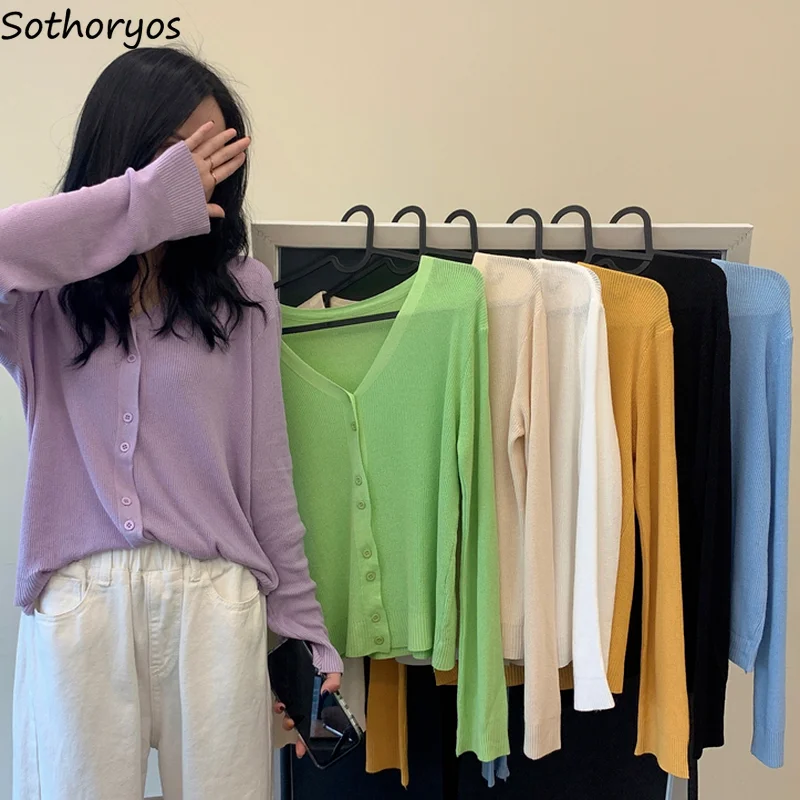 

Cardigans Women Solid V-neck Thin Breathable Single Breasted Chic Elegant Gentle Ladies Trendy Leisure Slim All-match Ulzzang