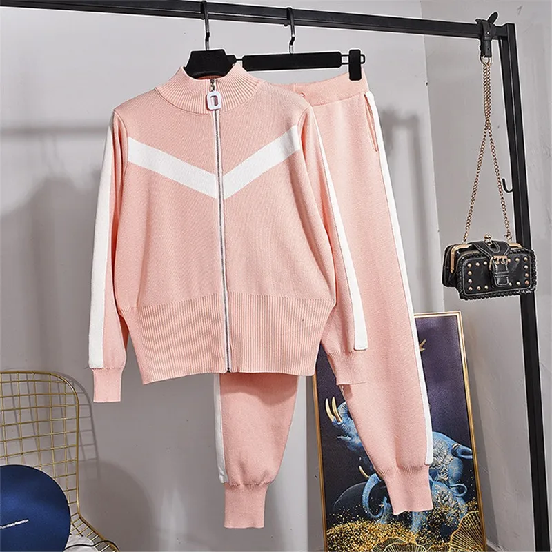 

Модный бейсбольный вязаный спортивный костюм для женщин, комплект из двух предметов, спортивный кардиган, свитер, длинные брюки, Женский По...