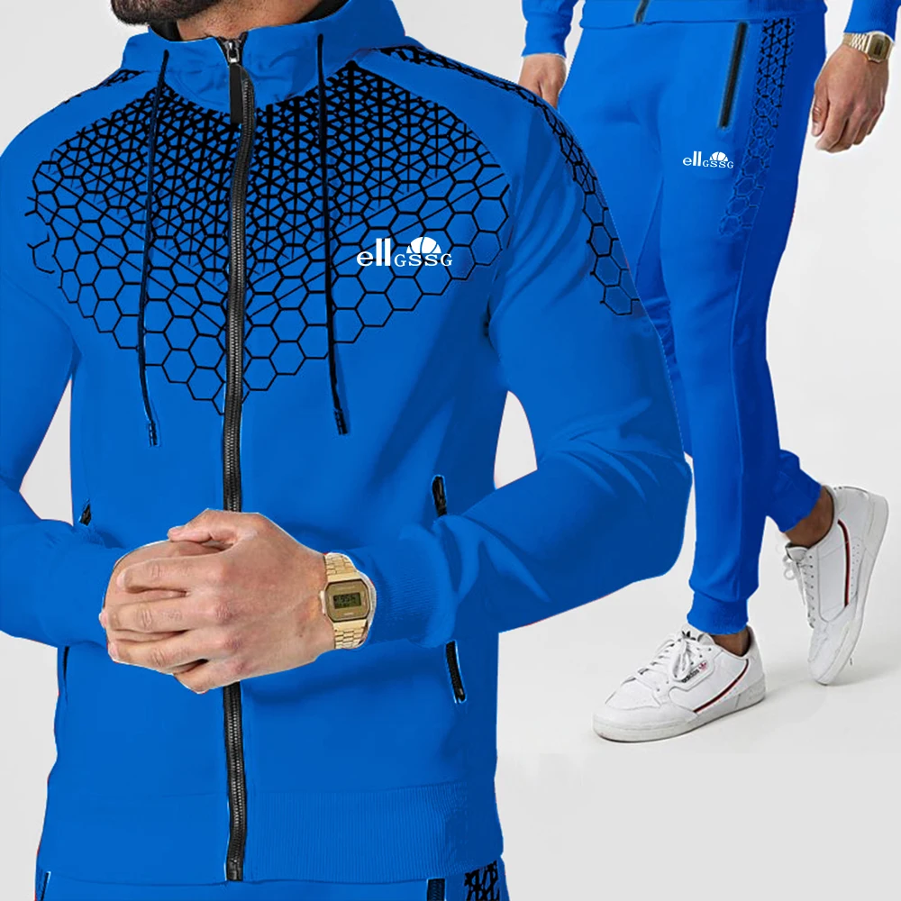 

2021 Spring/Autumn Hot Sale Men's Hooded Sweatshirt Zip Jacket + Drawstring Fitness Workout Tights Two Pieces Asian Size S-3XL