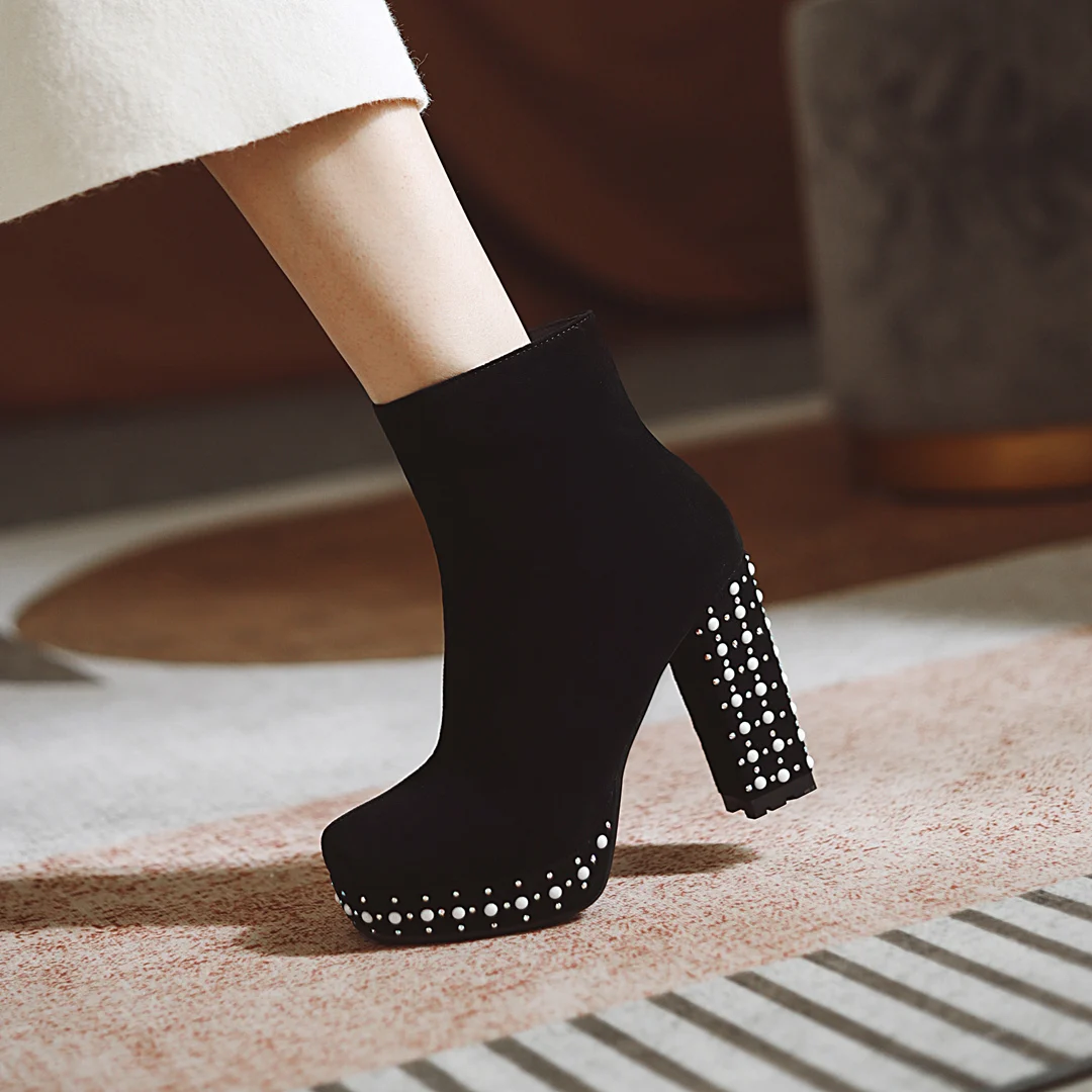 

Womens Chunky Boots High Heels Shoes Street Shoes Party Women Shoes Plus Size 43 Boots Black Side Zipper Pearl Crystal Deco