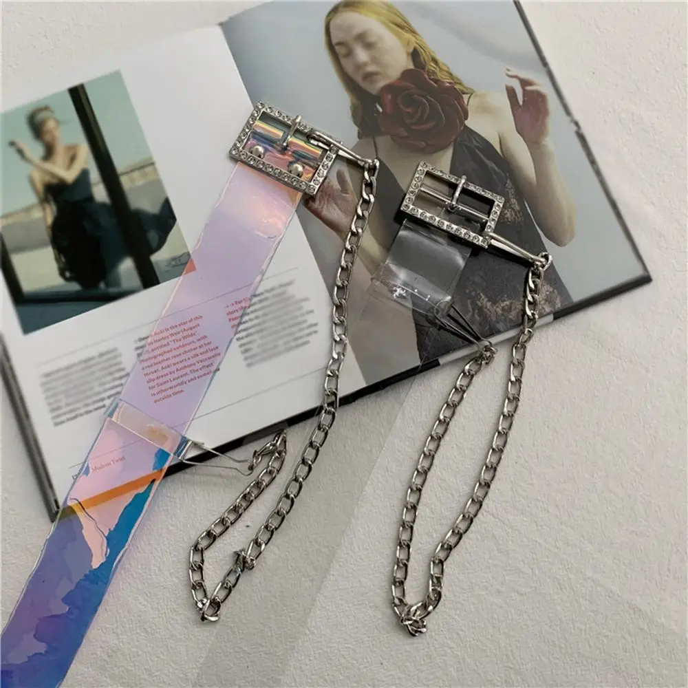 

2021 Punk Fashion Transparent Belt With Chain PVC Clear Rhinestones Pin Buckle Female Waist Strap Trousers Jeans Dress Belts
