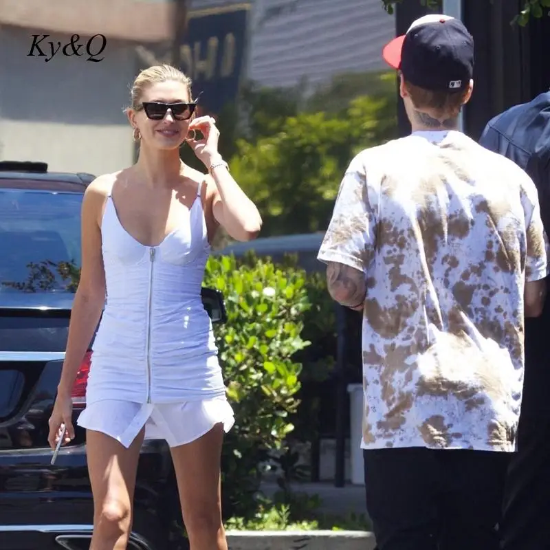 

2021 Fashion Street Shot White Spliced Zipper Ruffle Slim Suspender Dress V-Neck Pleated Mini Short Dresses Summer Luxury Brand