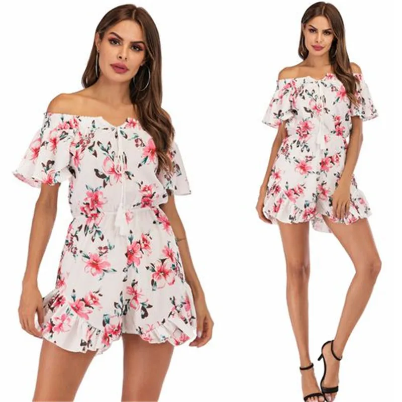 

Summer Floral Jumpsuit Women Holiday Beach Wear Slash Neck Lace Up Tassel Elastic Waist Ruffles Print Playsuit 2020 D03402Y