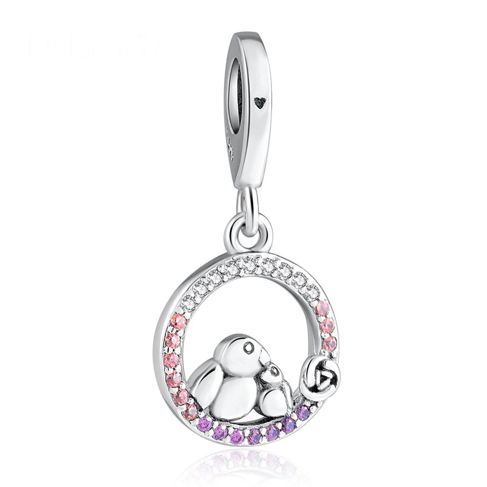 Аутентичные S925 животные мама и ребенок птица с кристаллом кулон бисер Шарм