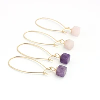 fashion brass hook pink square purple natural stone quartz crystal earrings for women