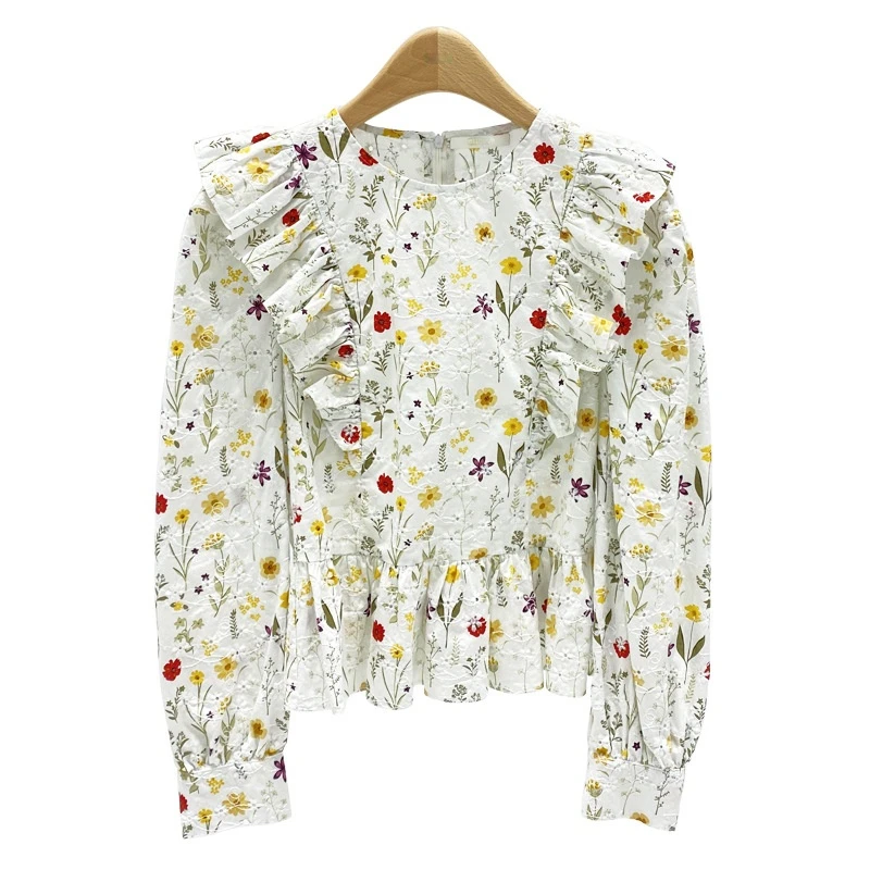 

Sweet Fresh Print Silm Patchwork Ruffles Blouses Woman 2021 Spring New O-neck Shirts Fashion All-match Long Sleeve Top Women
