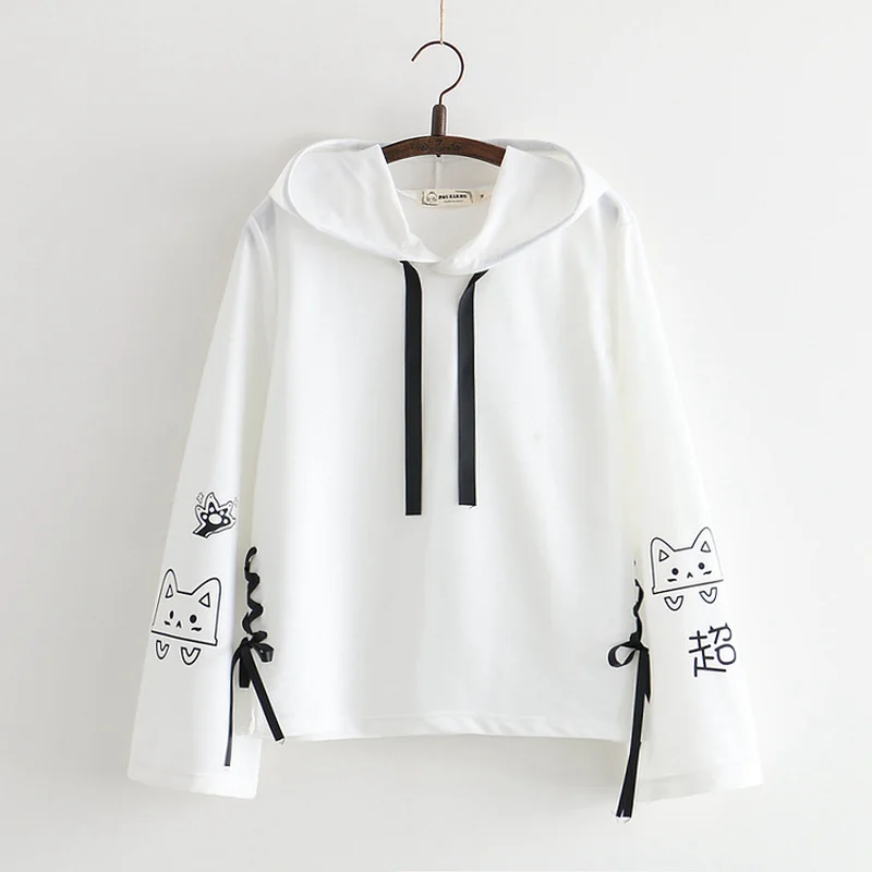 

2019 Sweet Spring Hoodies Japan Style Fashion Kawaii Cats Print Bandage Bts Hooded Sweatshrits Student Girls Flare Sleeve Coat