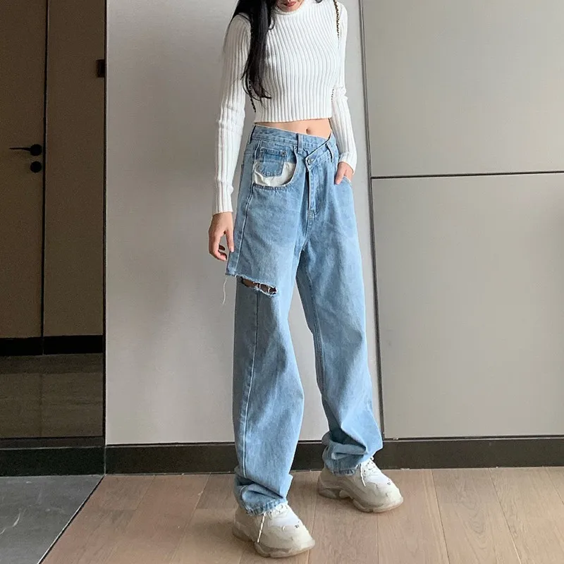 

Woman Jeans Ripped High Waist Clothes Wide Leg Denim Clothing Streetwear Vintage Quality Fashion Harajuku Straight Pants