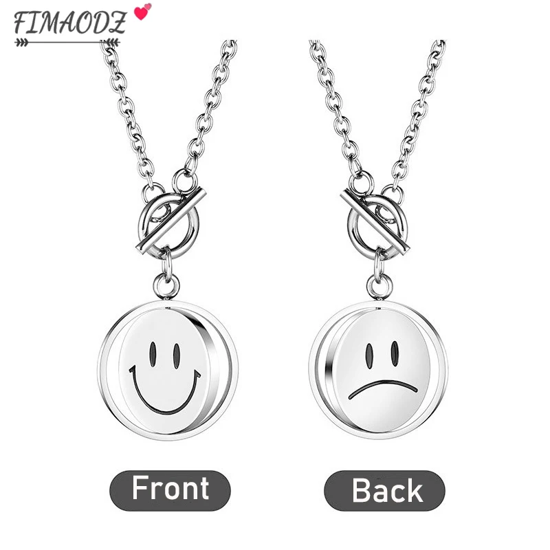 

FIMAODZ Double Sided Smile Face Necklace Women Men Long Clavicle Chain Hip Hop Cool Couple Jewelry Gift