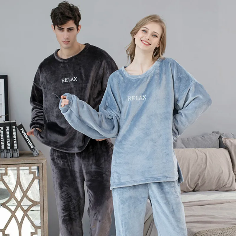 

New Loose Pijama Feminino Autumn Winter Flannel Pajamas Women Long Sleeve Coral Fleece Thicken Warm Suit Couple Sleepwear Set