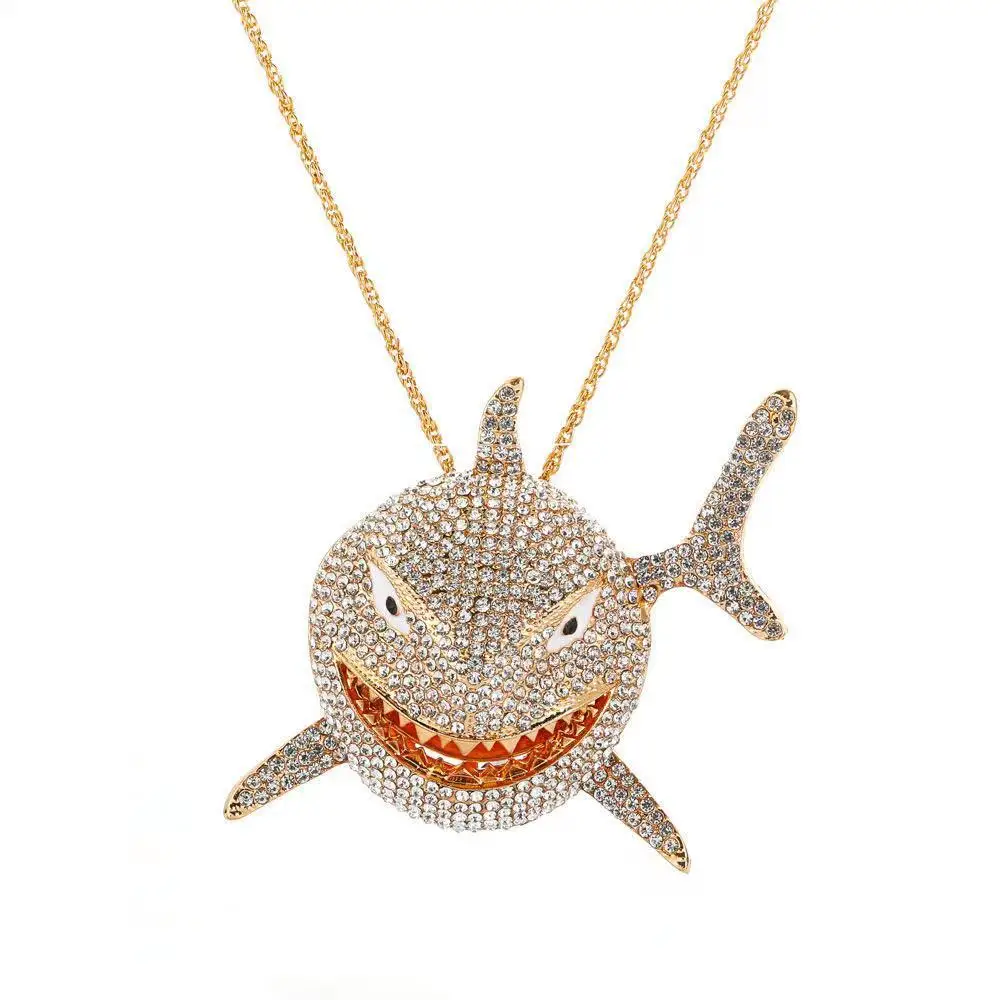 

New Hip Hop Zircon Crystal Shark Pendant Necklace with Miami Long Chain Choker Necklace for Women Men Gothic Party Jewelry Gift