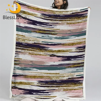 BlessLiving Colorful Pink Blanket Striped Sherpa Blanket Bright Boho Plush Bedspread Soft Vibrant Cobertor Geometric Bedding 1
