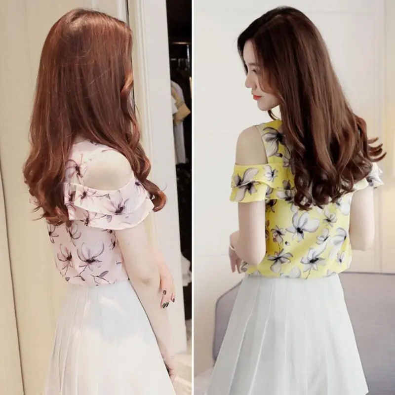 

Off Shoulder Short Sleeve Blouses Print Floral Chiffon Shirts Casual Ladies Clothing Female Blusas Women Tops