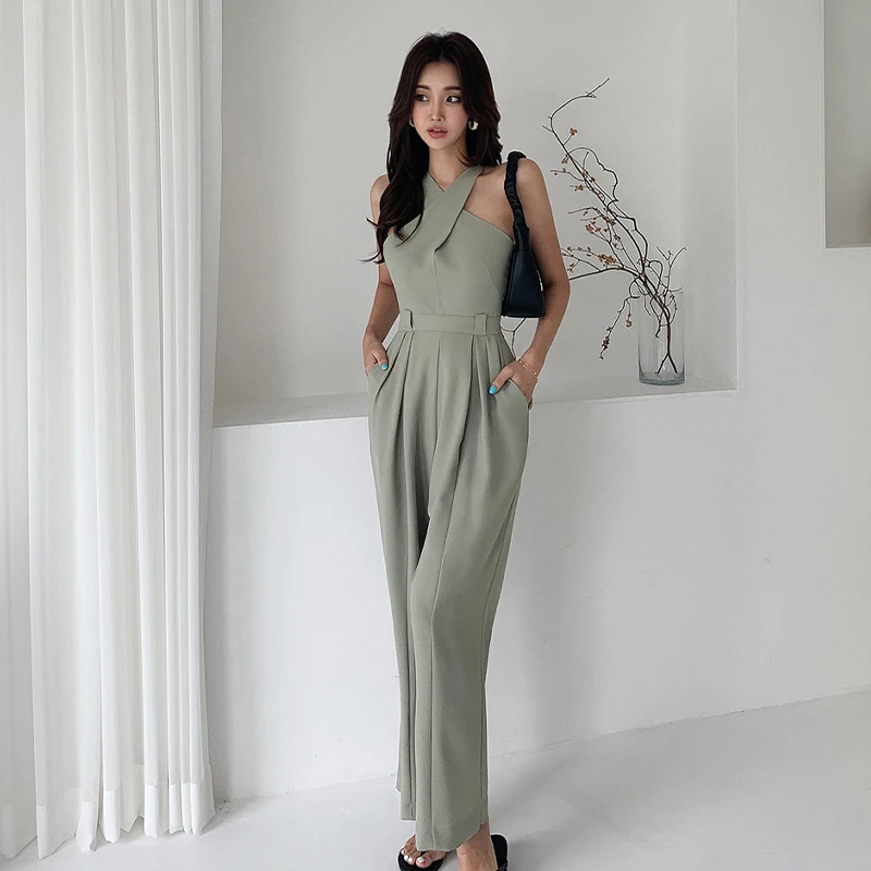 

Women Jumpsuits Sexy Backless Rompers Female Solid Wide Leg Office lady Jumpsuits