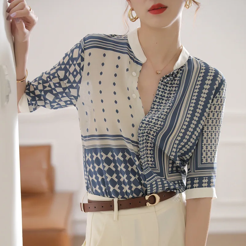 

Blouses Half Sleeves Shirt Summer Stand-up Collar Retro Graphic Print Female Blusa shirts womens sexy tops