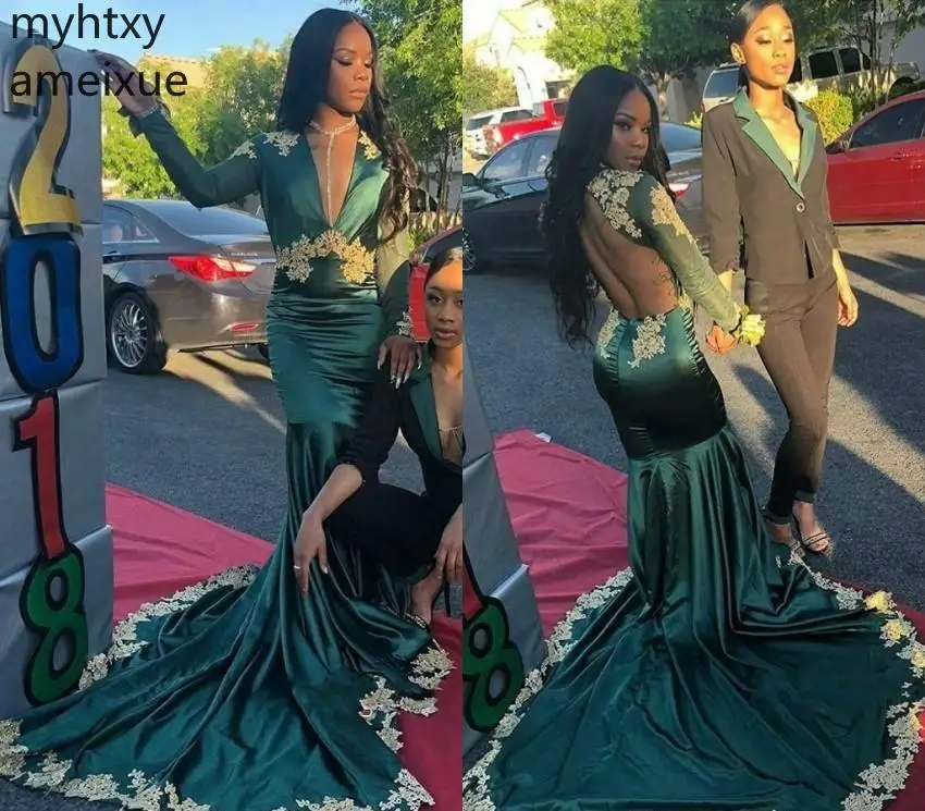 

2021 Dark Green Sexy Long Sleeves Prom Dresses South African Black Girls Deep V Neck Evening Party Custom Gowns Plus Size Prom