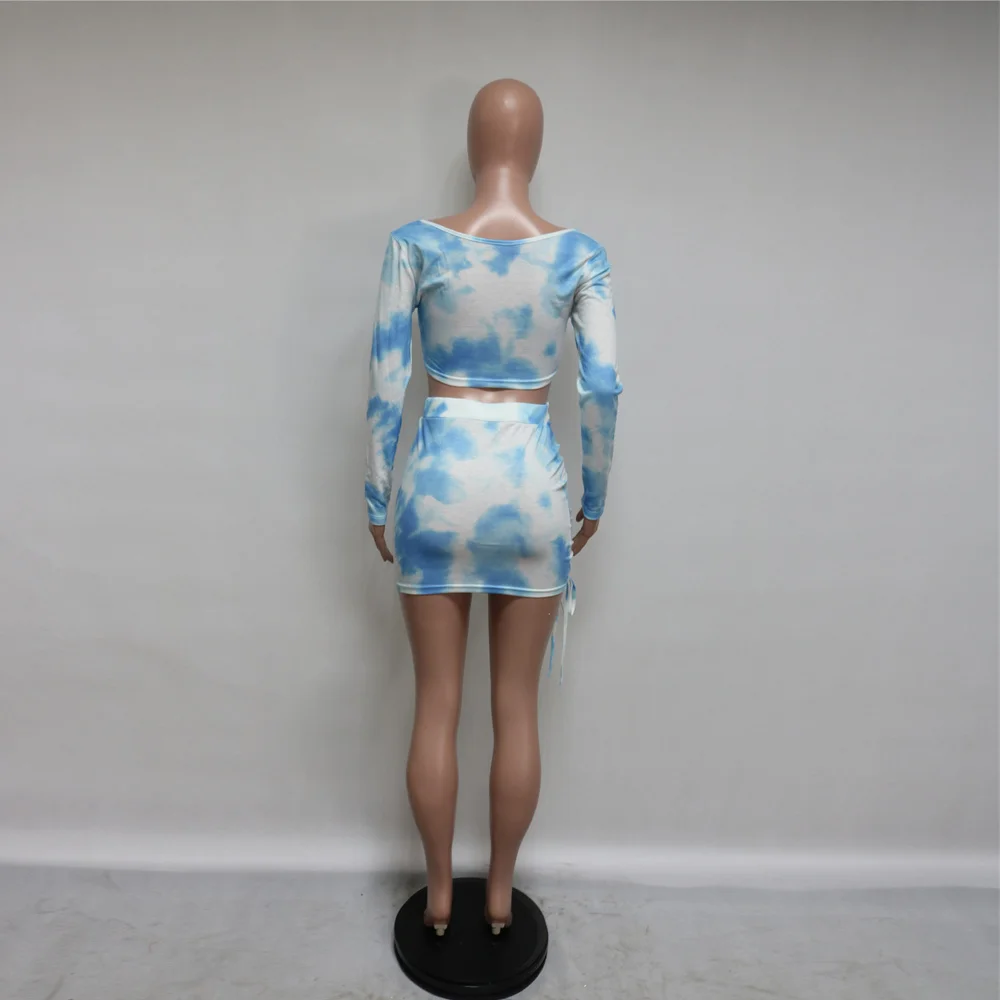 

Tie Dye Ruched Drawstring Women's Sets Off Shoulder Long Sleeve Crop Tops and Bodycon Mini Skirts Vintage Autumn Two Pcs Outfits