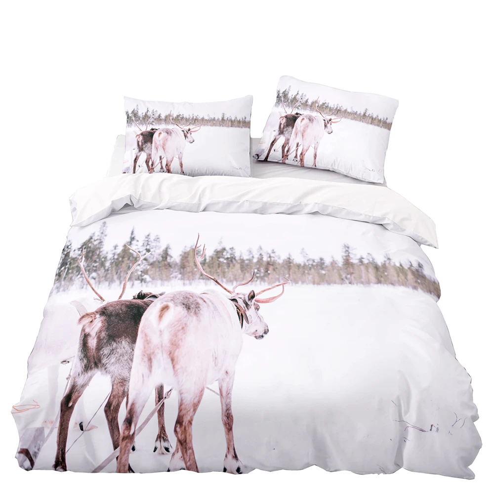 

Reindeer Sleigh Pattern Duvet Cover 220x240 Pillowcase 3Pcs,229x260 Quilt Cover,White Blanket Cover , Extra Large Bedding Set