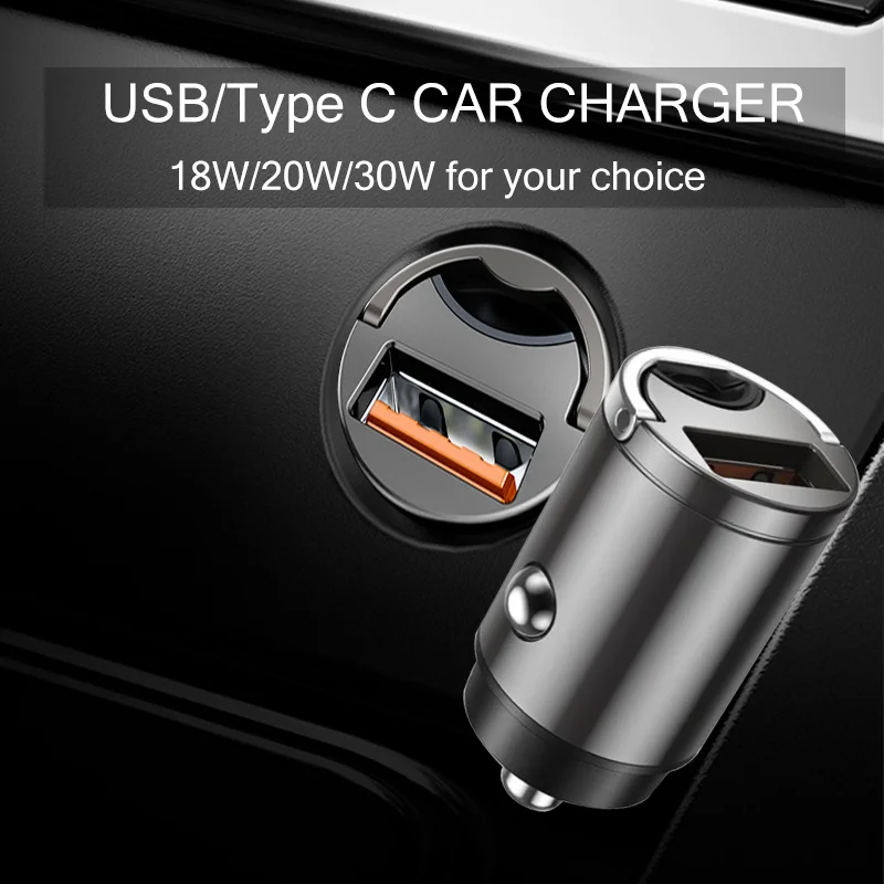 

18/20/30W Mini Car Charger USB Fast Charger Quick Charge PD Type C Charging Adapter for iPhone Xiaomi Mobile Phone Chargers