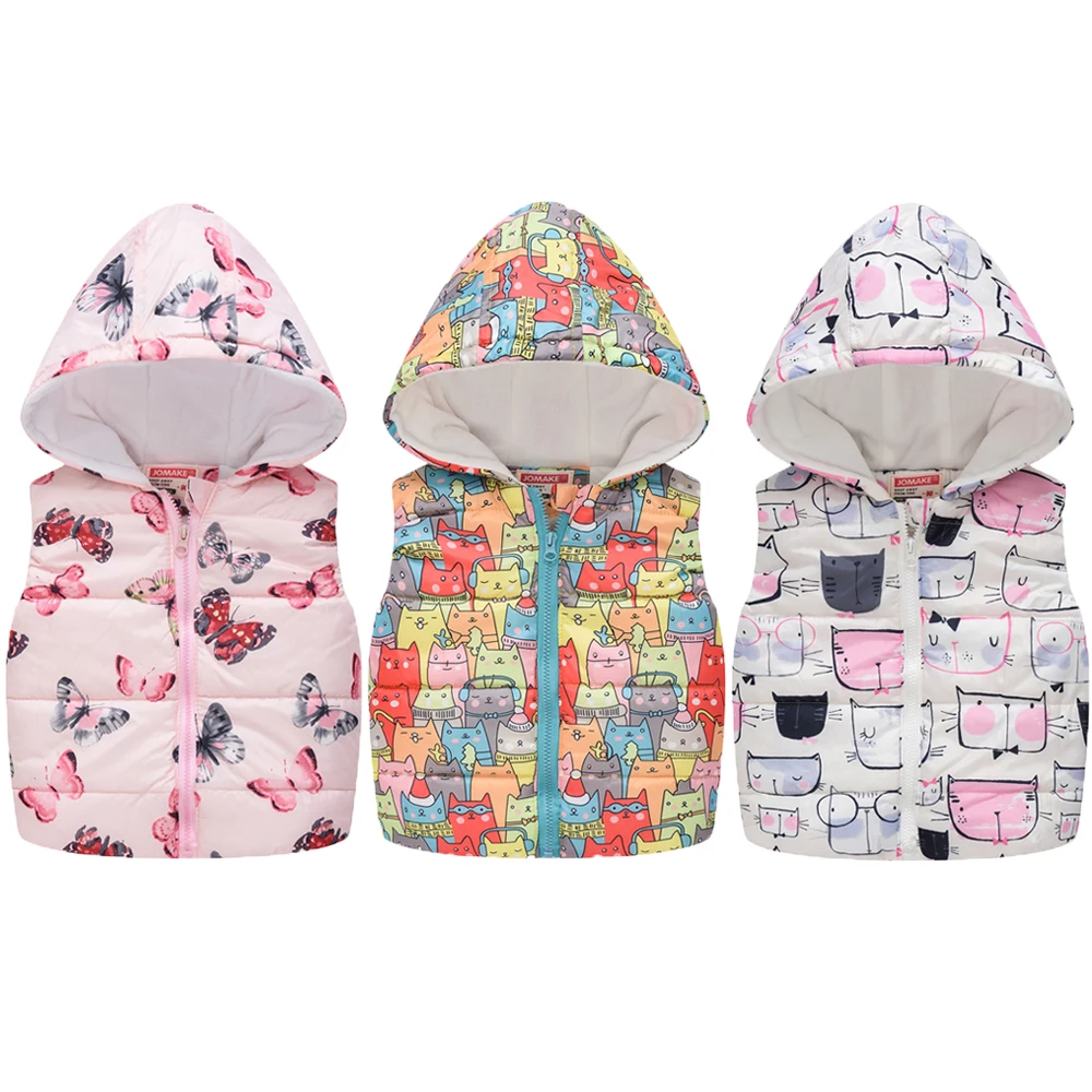 Теплый жилет с капюшоном для девочек зимняя модная жилетка разных стилей узором