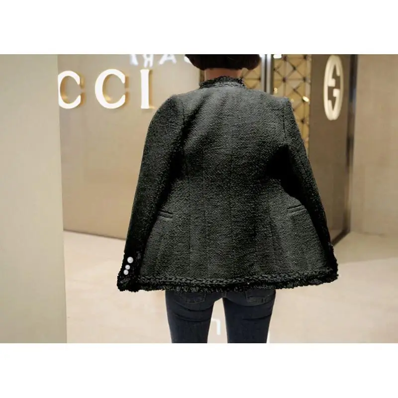 Женская твидовая куртка с жемчужинами и кисточками винтажная теплая шерстяная