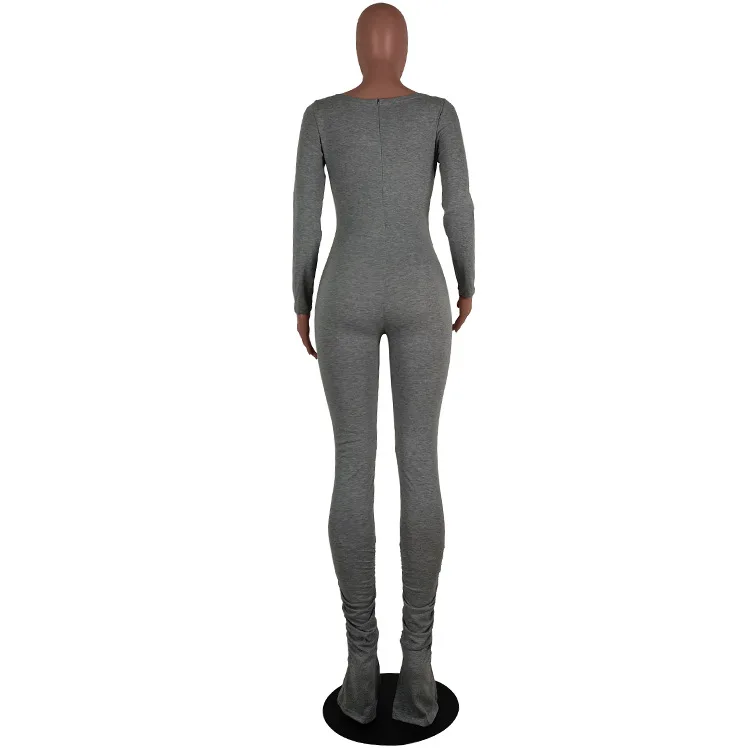 

Women Gray Bodycon Jumpsuit Casual O-neck Long Sleeve Bodysuit Female Sexy Back Zipper one piece Jumpsuit femmes combinaisons