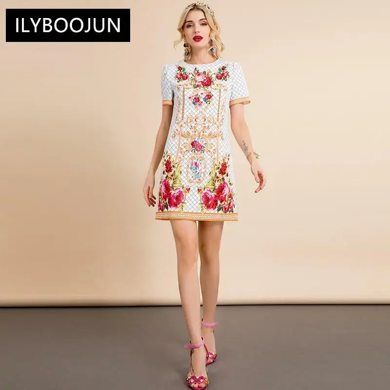 

New 2021 Fashion Designer Summer Mini Dress Women's Short sleeve Beading Flower print Vintage Party Dress