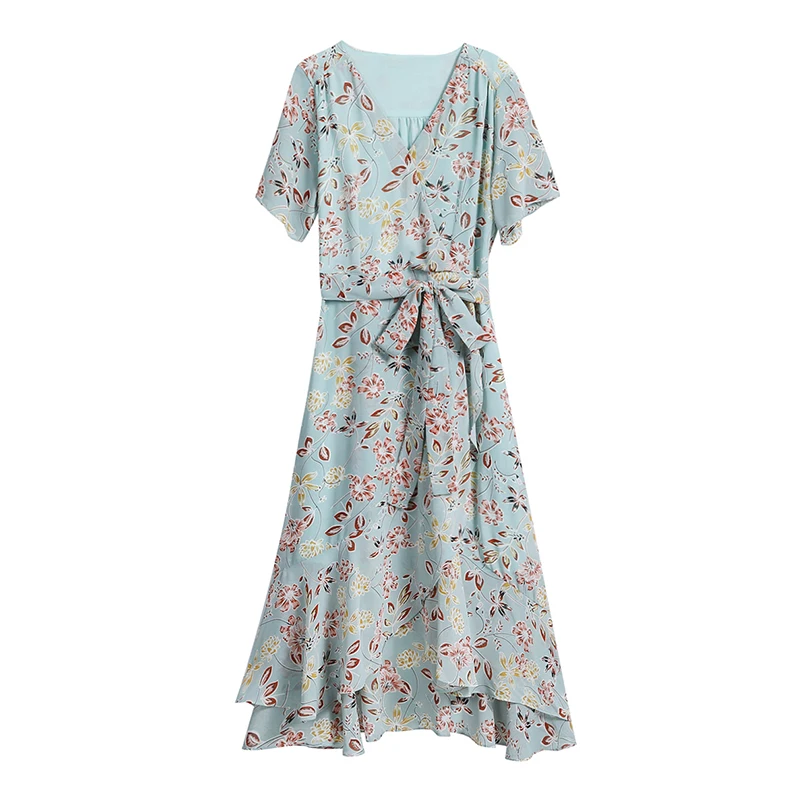 

Bow Tie V-Neck Sweet Print Middress Elegant Short Sleeve Irregular Party Vestidos Spring Fashionable Chic Dress