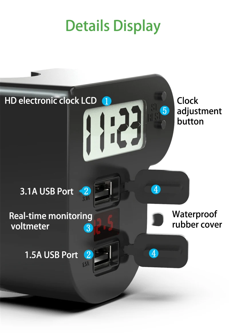 Мотоцикл Quick Charge Dual USB 5 В 3.1A/1.5A зарядное устройство мотоцикл светодиодные цифровые часы Вольтметр водонепроницаемый USB крышка аксессуары