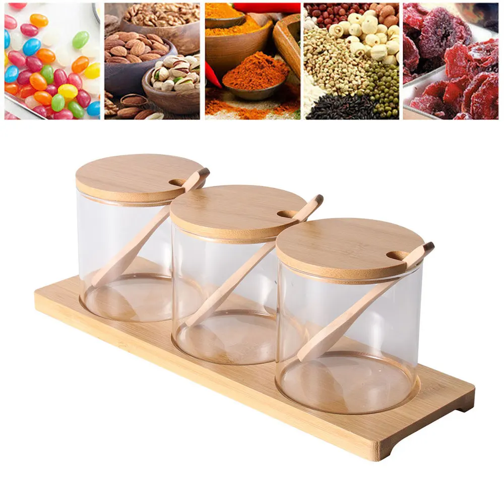 

3pcs Glass Seal Cans with Spoon Set Glass Seasoning Jars Kit Bamboo Wood Lid Condiment Pot Kitchen Seasoning Boxes Set for Home