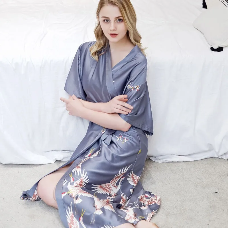 Японский Стиль Длинные свободные атласная Павлин Женская юката платье пижамы