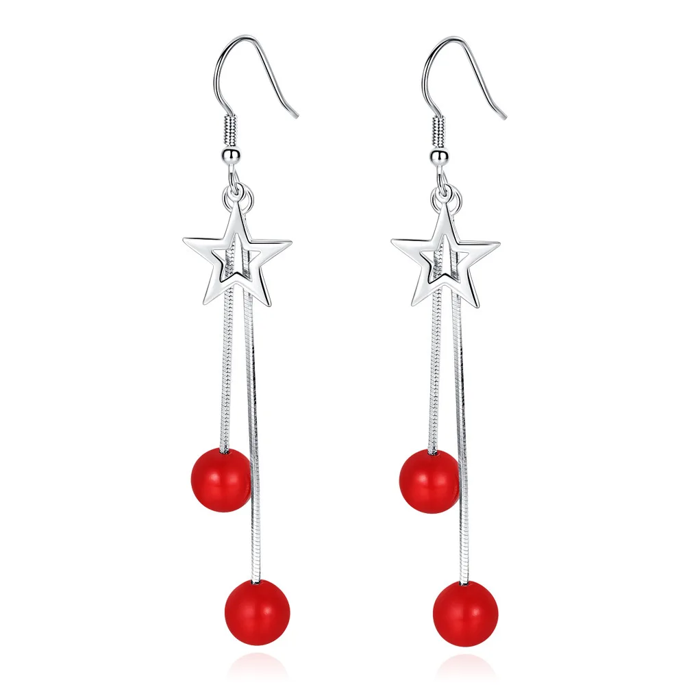 

Star Pentagram Long Tassels Red Round Ball 925 Sterling Silver Drop Earrings For Women Luxury Fashion Dangling Earrings Jewelry