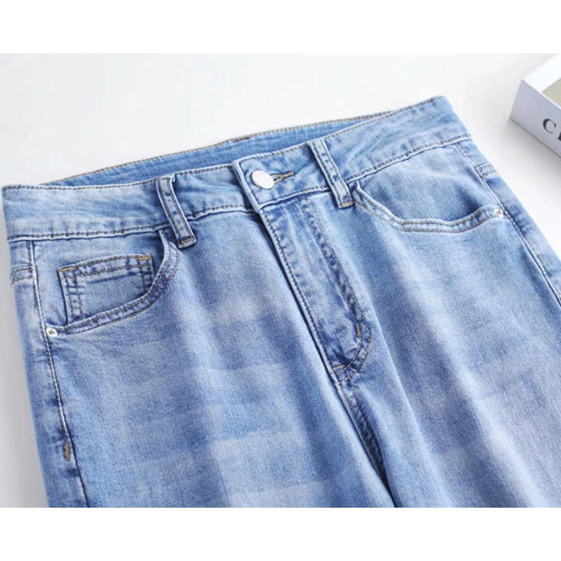 

FERZIGE 2021 Summer Thin Diamond Inlaid Micro Raider Jeans for Women, High Span, High Wist, Large Size, Loose and Slimmer