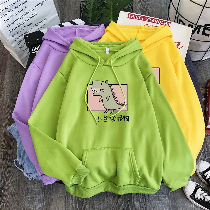 2020 Harajuku Толстовка с капюшоном длинными рукавами и динозавром Kawaii флисовые