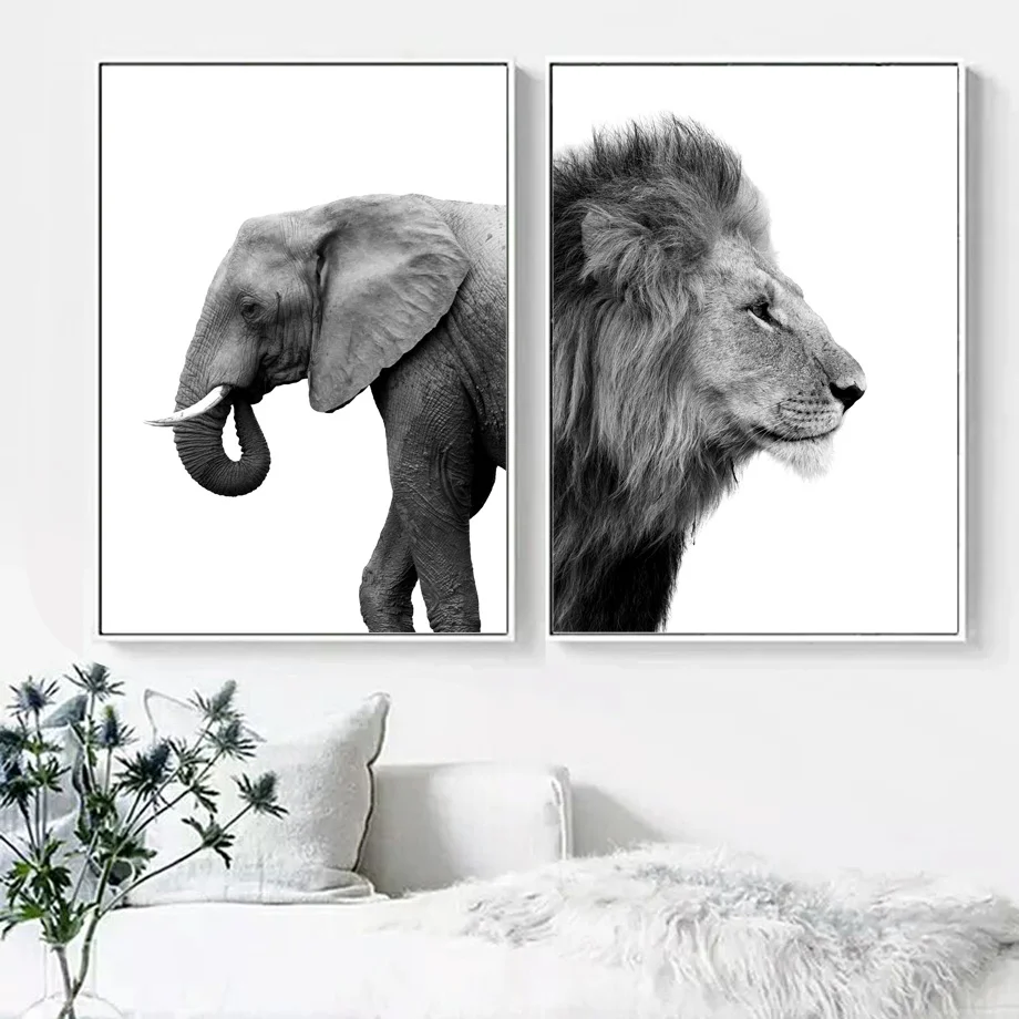 Картина на холсте с изображением слона льва пустыни дерева животных