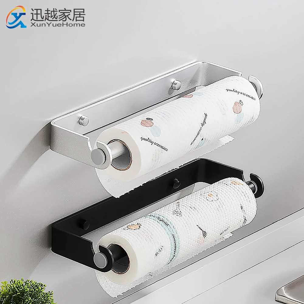 

Punch-Free Roll Paper Holder Black Aluminum Cling Film Towel Rack Kitchen Accessories Tissue Hanger Wall Organizer Storage Shelf