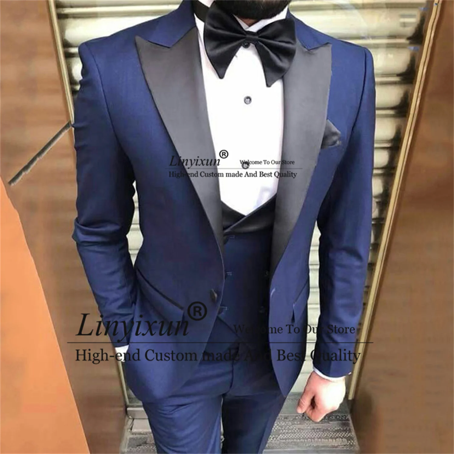 Мужской темно-синий костюм сим силуэт с отворотом пиджак для жениха на свадьбу