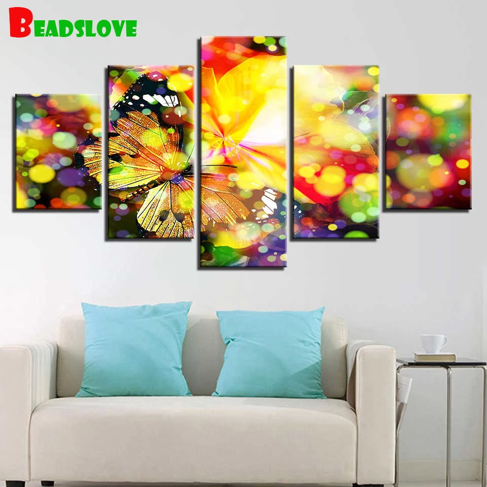 

5 piece set butterflies flower diamond painting full square round 5 d Diamond Embroidery 5d diy mosaic picture wall art,