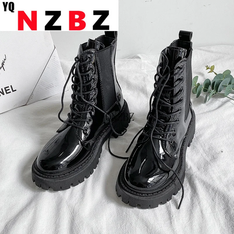 

Women Ankle Boots Black Patent Leather 2021 Fashion Autumn Motorcycle Non-slip Waterproof Female Platform Boots Botas De Mujer
