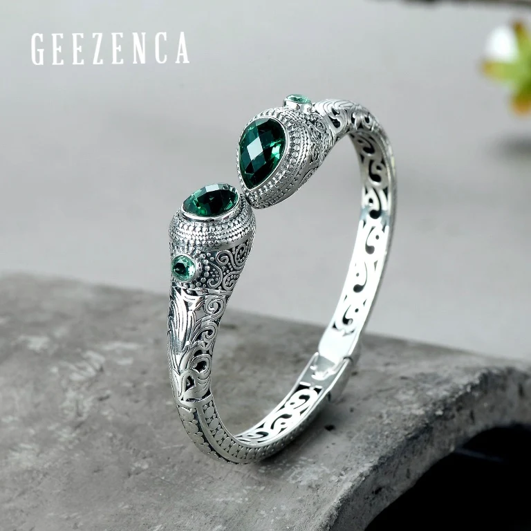 Женский винтажный браслет из тайского серебра 925 пробы с изумрудом|Гибкие и