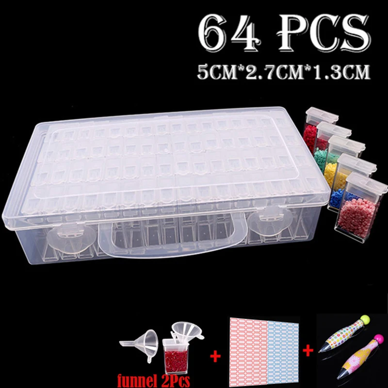 Caja de almacenamiento de 64 cuadr&iacute;culas, accesorios de herramientas de pintura de diamantes, contenedor de cuentas, bordado de diamantes, mosaico de piedras, caja de conveniencia-0