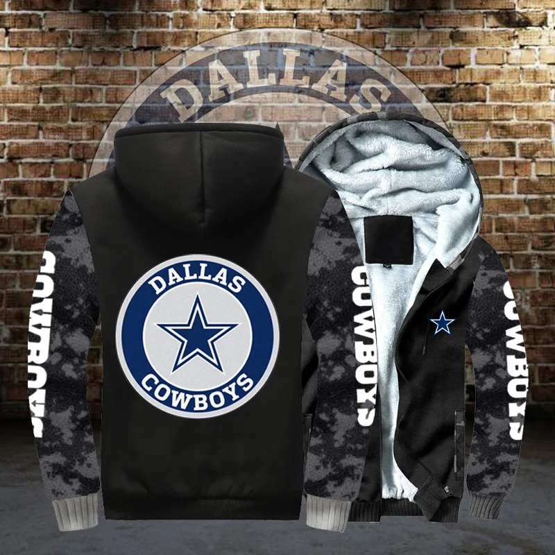 

Autumn Winter Men Casual zipper Hoodies Cowboys Sweatshirt Pullover Plus thick velvet American football zip up Hoodie for Jacket