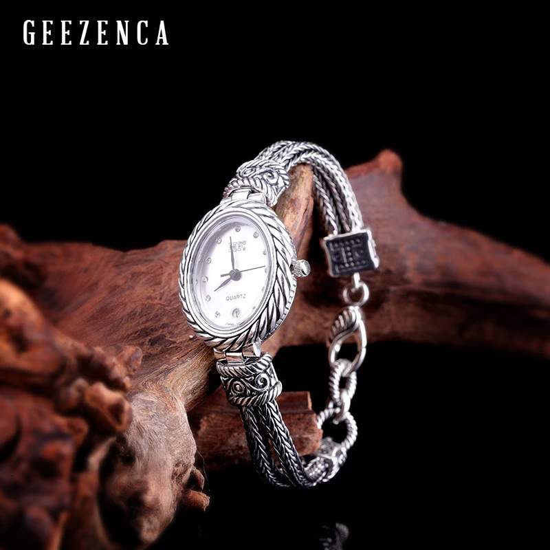 Женские часы браслет из тайского серебра 925 пробы Модные Винтажные кварцевые с