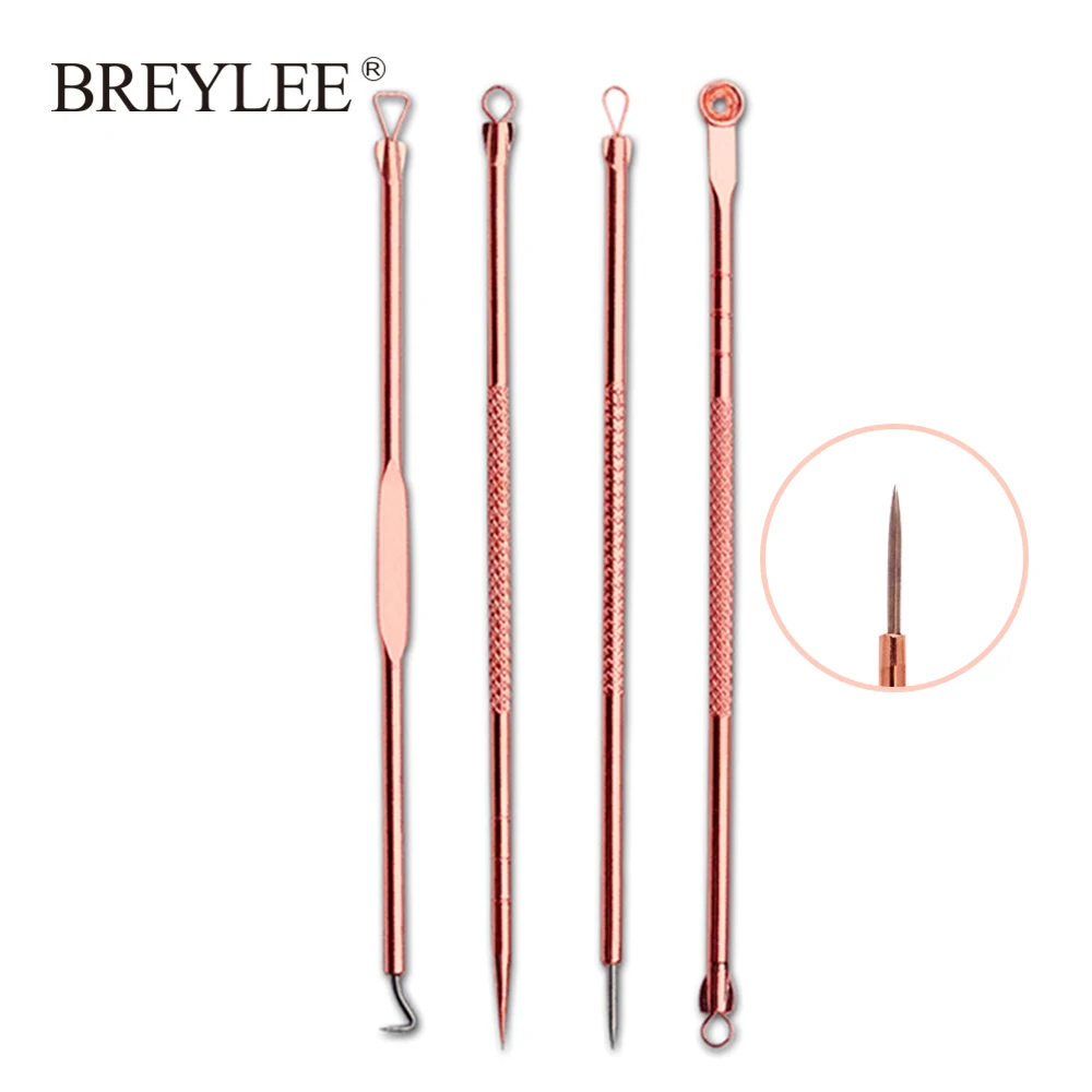 BREYLEE, 4 шт., игла для удаления прыщей, инструменты, розовое золото, средство для очищения пор, средство для удаления черных точек, экстрактор прыщей, черная маска для ухода за кожей лица