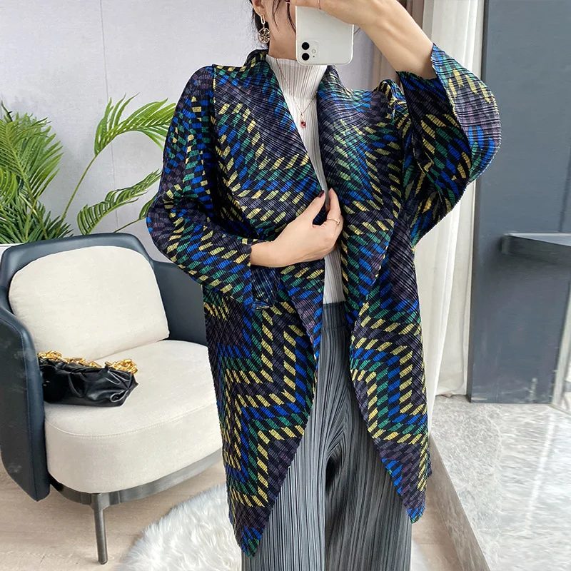 Changpleat women's polka dot printed cardigan Miyake Pleated Fashion loose large size windbreaker stand-collar mid-length coat