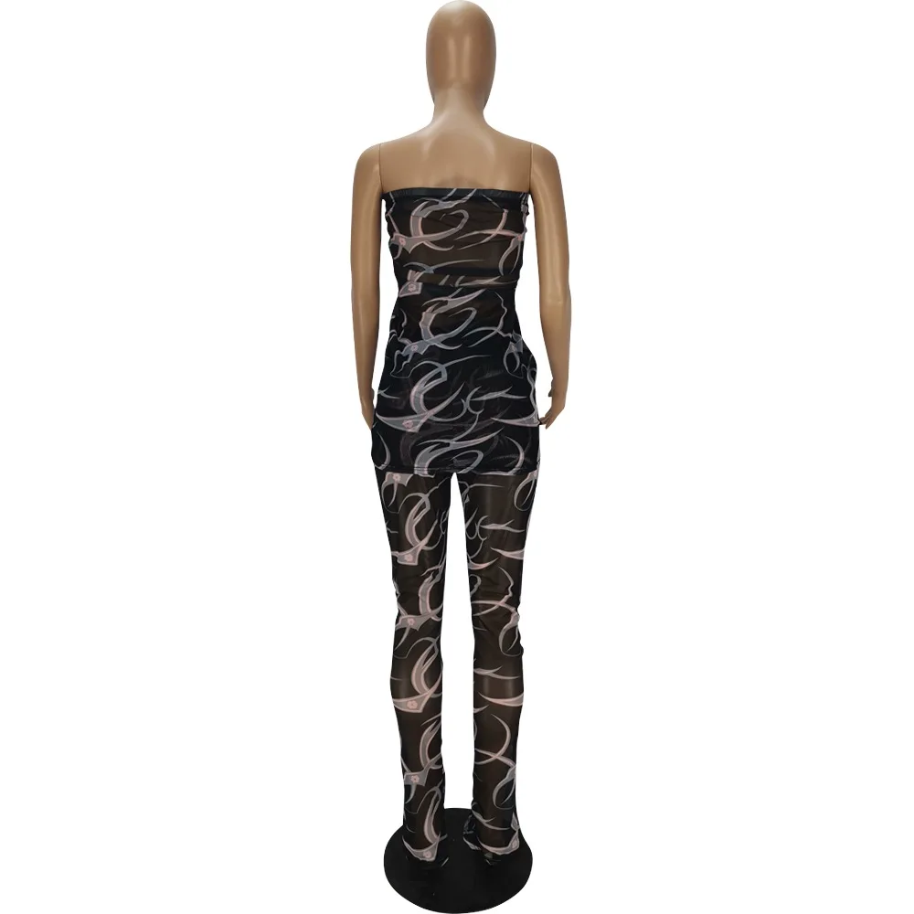 

Women's Summer Suit Sexy Net Yarn Stitching Printing Two-Piece Suit (Without Shawl)