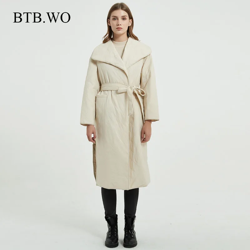 

BTB.WO Women Jacket Za Women Thick Warm Cotton Padded Lady Slim Sashes Long Sleeve Parkas With Belt Loose Coat Mujer