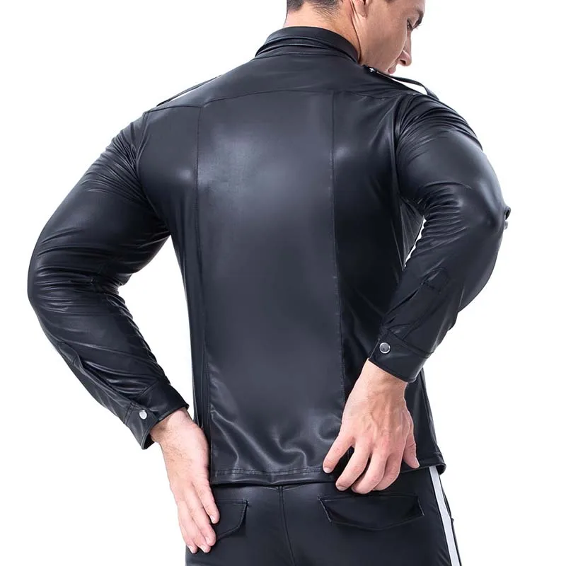 

AIIOU Sexy Black Faux Leather Long Sleeve Shirt Wet Look Cool Undershirt Latex Shirt Male Uniform Clubwear Night Stage Costume